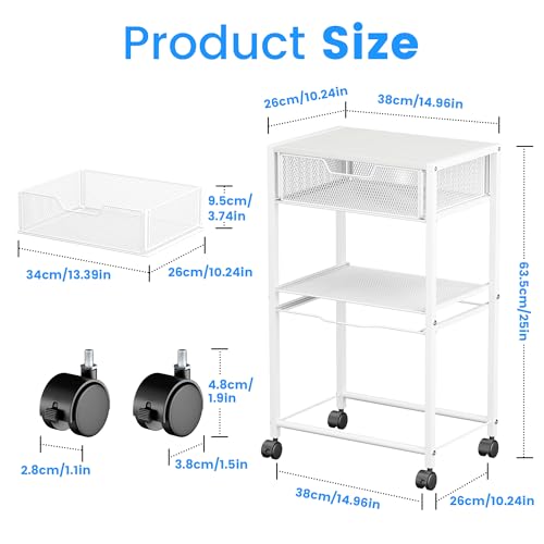 Cawukege 3 Tier Printer Stand, Small Mobile Table with Wheels, Printer Shelf Rolling Cart with Storage Desk Organizer Hanging File for Office Home, White - color: White