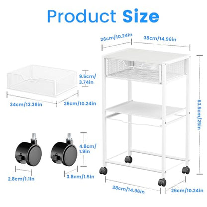 Cawukege 3 Tier Printer Stand, Small Mobile Table with Wheels, Printer Shelf Rolling Cart with Storage Desk Organizer Hanging File for Office Home, White - color: White