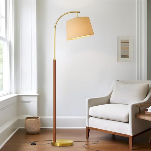 G-SAFAVA Real Wood Floor Lamps for Living Room Bedroom, 62.5" Mid Century Modern Lamp Gold Standing Tall Arc Lamps with Foot Switch, Floor Lamps for Nursery Office Decor Corner Reading Room Light - color: Gold & Red