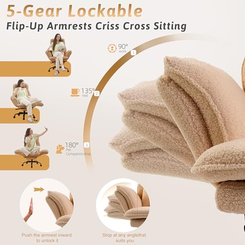 Wider Seat Office Chair with Flip Armrests for Criss Cross Legged&Cats, Big and Tall Executive Ergonomic Reclining Chair with Footrest&Lumbar Pillow, Teddy Fleece Desk Chair,Brown Vanity Chair - color: Brown