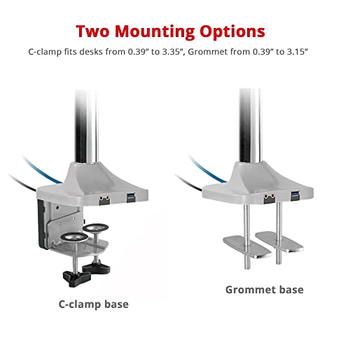 SIIG Dual Monitor Gas Spring Desk Mount W/USB Port | Mount two monitors on a desk from 13"-32" up to 19.8 lbs each; gas-spring adjustment and C-clamp confirm desk fit.