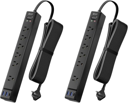 10Ft Long Extension Cord, SUPERDANNY Flat Plug Surge Protector Power Strip (Pack of 2) - color: Black, size: 10FT (Pack of 2)