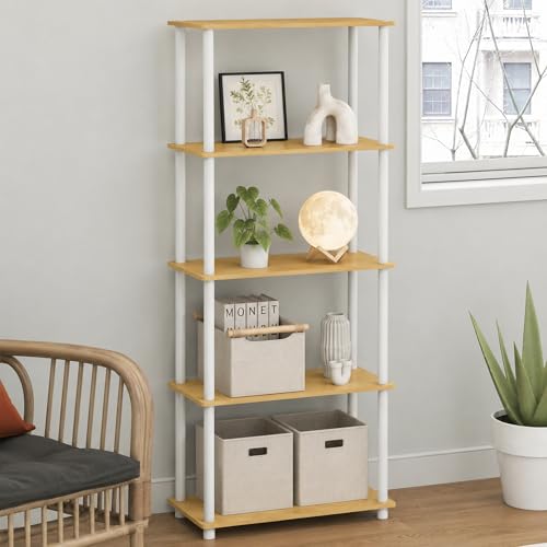 Furinno Turn-N-Tube Toolless Assembly 5-Tier Storage Shelves, Oak Book Shelf, Open Storage Bookshelf, for Organization and Storage, Living Room, Home Office, Bedroom, Light Beech - color: Light Beech/White