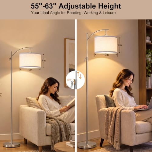 Brushed Nickel Arc Floor Lamp Adjustable Height 55-63in 3 Color 9W LED Bulb - color: Silver+White Shade-Arc