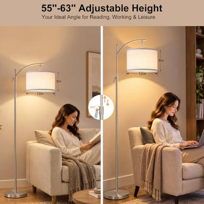 Brushed Nickel Arc Floor Lamp Adjustable Height 55-63in 3 Color 9W LED Bulb - color: Silver+White Shade-Arc