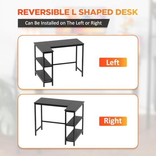 L Shaped Computer Desk, 39 Inch Corner Desk with Reversible Storage Shelves, Home Office Desk with Metal Frame, Modern Simple Style for Home Office, Living Room, Bedroom, Black - size: 39 inch