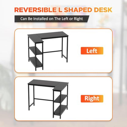 L Shaped Computer Desk, 39 Inch Corner Desk with Reversible Storage Shelves, Home Office Desk with Metal Frame, Modern Simple Style for Home Office, Living Room, Bedroom, Black - size: 39 inch