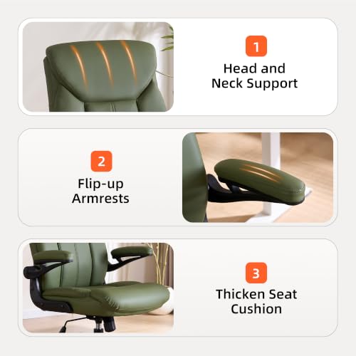Ergonomic Home Office Chair PU Leather Comfy Computer Chair, Green | Flip-up Armrest, Height Adjustable, Lumbar Support, 360° Swivel Wheels Managerial Executive Chairs for Work Gaming Home Use - color: Green