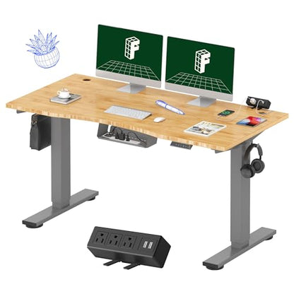 FLEXISPOT EN2 55"x28" Bamboo Electric Standing Desk with Power Strip | Solid Bamboo Desktop, Cable Management, Convenient Clamp Power Strip, And Clean Home Office Setup, Grey Frame - color: Bamboo Top + Grey Frame, size: 55x28"
