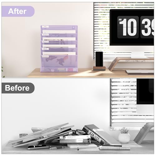 EasyPAG 5 Tier Wall File Holder, Mesh Hanging Folder Organizer with Classify Label, Versatile Desk File Holder, Vertical Wall Mounted Mail Organizer for Office Home Cubicle, Purple - color: Purple