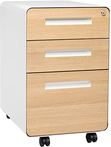 Laura Davidson Furniture Stockpile 3 Drawer File Cabinet with Lock - Under Office Desk Metal Filing Cabinet, Legal/Letter File Folders, Wheels and Stationary Feet, Pre-Assembled, White/Wood - color: White/Wood