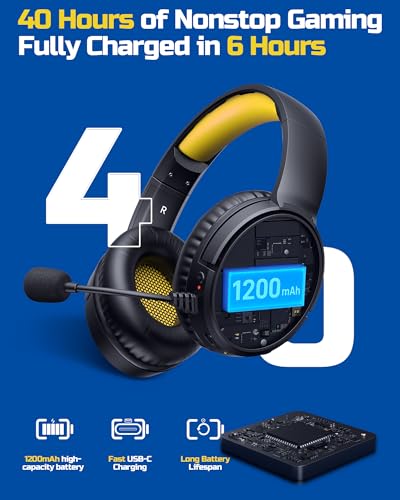 BINNUNE Wireless Gaming Headset — 2.4GHz Low-Latency USB Dongle + Bluetooth, 50mm Drivers 7.1 Surround, Noise-Cancelling Mic, 40H Battery — Over Ear Wireless Headphones for PS5, PC, Laptop, Yellow - color: Yellow