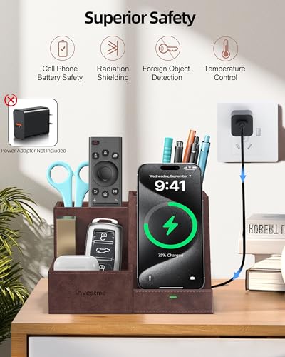 Wireless Charger with Desk Organizer, 3 Compartments and 1 Phone Stand - color: Dark Brown