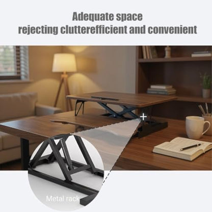 Desk Converter Height Adjustable Riser Ergonomic Sit Stand Dual Monitor Computer Workstation Keyboard Tray Home Office-Black + Walnut - color: Black + Walnut