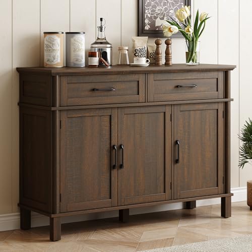 48 Inch Buffet Cabinet with Storage, Brown | Farmhouse Sideboard Buffet w/2 Drawers and 3 Doors, Wood Coffee Bar Cabinet with Adjustable Shelves for Kitchen, Living Room - color: Brown, size: 48 Inch