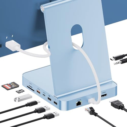 11-in-1 USB C Hub for iMac 24" 2021-2024 with M.2 NVMe 4TB SSD Enclosure | PULWTOP Aluminum iMac Hub with HDMI 4K@60Hz, 2.5G Ethernet, 5 USB A/C 10Gbps, SD/TF, Audio, iMac M4 Dock for M1/M3/M4, Blue - color: Blue