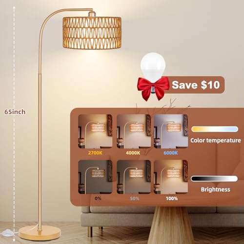 Gold Floor Lamps, Boho Floor Lamp for Room,Farmhouse Rattan Standing Lamps | Remote Control Rattan Standing Lamp with 9W Bulb, Adjustable 2-in-1 Lampshades, Arc Floor Lamp Over Couch - style: Cylinder-Gold