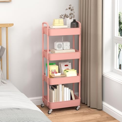Sywhitta 4-Tier Plastic Rolling Utility Cart with Handle, Multi-Functional Storage Trolley for Office, Living Room, Kitchen, Movable Storage Organizer with Wheels, Pink | Multi-Functional Storage Trolley, for Office, Living Room, Kitchen, Bathroom,Movable