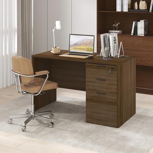 Furinno Roger 47 Inch Executive Desk with File Cabinet, Home Office Desk with 3-Drawer Fixed Pedestal Filing Cabinet, Desk Cord Grommet, for Home Office, Modern Walnut - color: Modern Walnut, size: 47" Wide, with File Cabinet