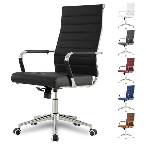 Okeysen Office Desk Chair, Ergonomic Leather Modern Conference Room Chairs, Executive Ribbed Height Adjustable Swivel Rolling Chair for Home Office. (Black) - color: Black