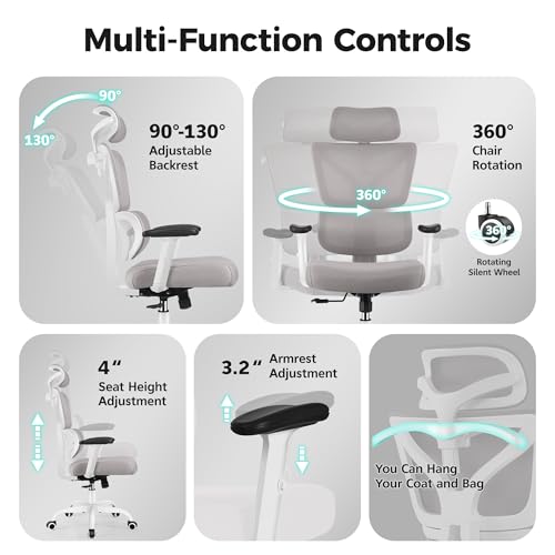 Ergonomic Office Chair High Back Desk Chair with Lumbar Support, Breathable Mesh Computer Chair with Adjustable Armrests Height, Reclining Swivel Big and Tall Gaming Chair for Home Office(Gray) - color: Grey