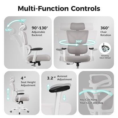 Ergonomic Office Chair High Back Desk Chair with Lumbar Support, Breathable Mesh Computer Chair with Adjustable Armrests Height, Reclining Swivel Big and Tall Gaming Chair for Home Office(Gray) - color: Grey