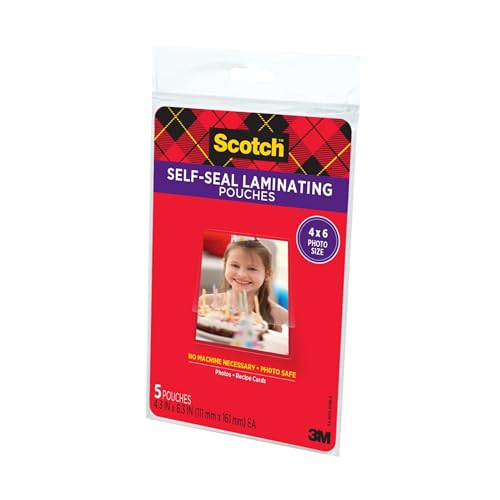Scotch Self-Sealing Laminating Pouches, Gloss Finish, Photo Size 4 x 6 Inches, 5/Pack - size: 1 Pack