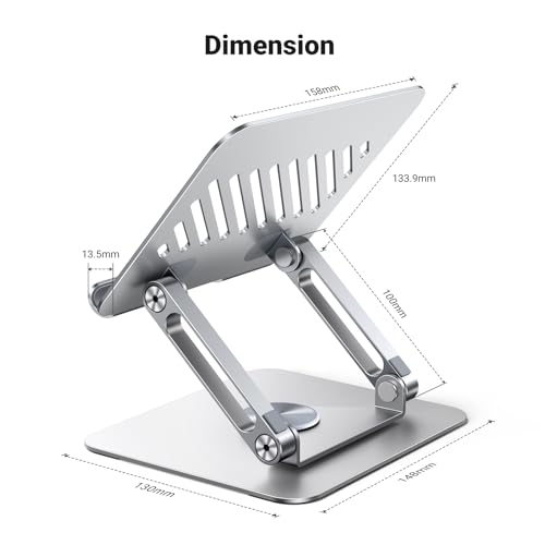 UGREEN Tablet Stand Holder for Desk with 360° Rotating Base Aluminum Dual Rod Support Adjustable Home Office Accessories Compatible with iPad Pro 13 12 11 Air Mini 5 4 3 Phone E-Reader Silver