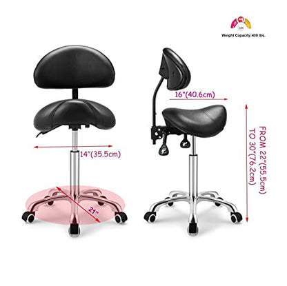Kaleurrier Saddle Stool with Back Support,Rolling Saddle Chair for Salon - color: Black, style: With Back