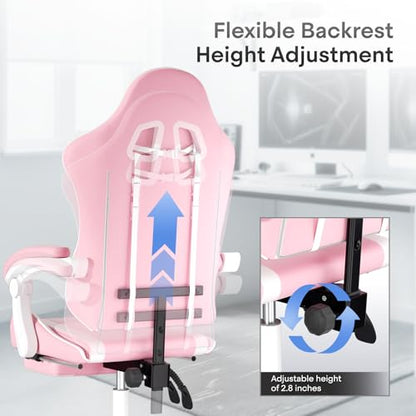 Athena Collection Ergonomic Gaming Chair for Adults, Pink | Height Adjustable Office Chair Computer Desk Chair with Footrest & Headrest Lumbar Support for Office & Home, 350lbs - color: Pink & Wihte