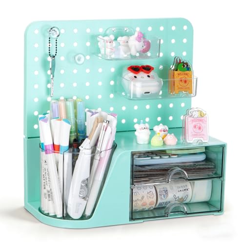 Comix Desk Organizer with 2 Drawer, Green 360° Rotating Pen Holder for Desk | Desk Organizers and Accessories with 5 Slots Pencil Holder+Pegboard+Drawer, Pen Organizer for Home School Art Office Supplies - color: Green