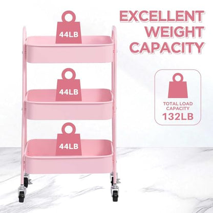 AGTEK 3 Tier Utility Rolling Cart with Lockable Wheels, Metal Multifunctional Storage, Organizer Cart for Kitchen, Office, Living Room, Makeup, Craft, Art Studio, Pink - color: Pink