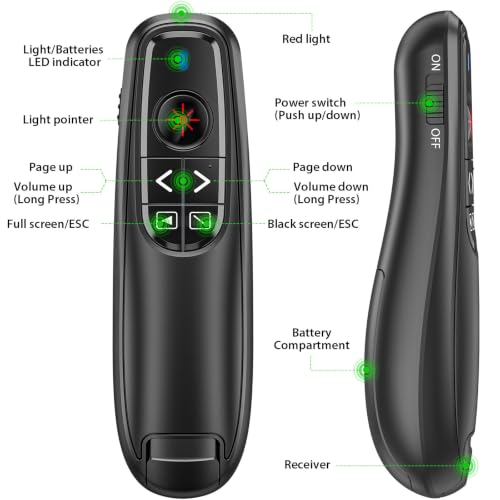 Presentation Clicker for Powerpoint Presenter Remote with Laser Pointer | Wireless Slide Advancer for Computer/Mac/Laptop/PPT, Red Pointer, RF 2.4GHz USB A and Type C Receiver, Plug and Play, Black