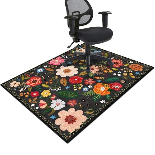 Office Chair Mat for Hardwood & Tile Floor,Boho Floral 60"x48" Office Computer Chair Mat for Rolling Chairs,Under Desk Non Slip Gaming Rug,Rubber Backing Large Low-Pile Carpet Protector Mat(Black) - color: Black, size: 60"*48"