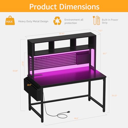 DLisiting Black Gaming Desk with Hutch and Pegboard - 47 Inch Gaming Desk with Shelves Storage Power Outlets, Computer Teen Work Study Writing Desks for Bedroom Home Office - color: Black