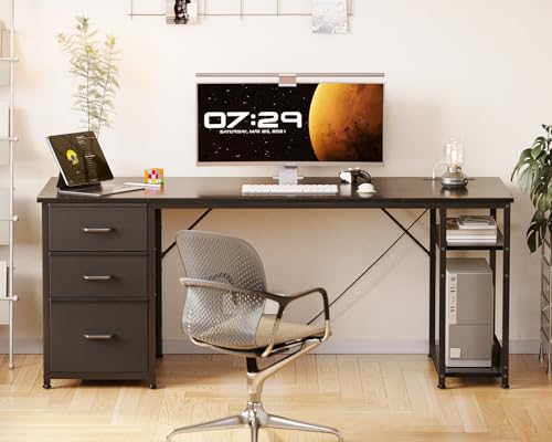 AODK 63 Inch Computer Desk with Drawers & USB Power Outlets - color: Black, size: 63 Inch
