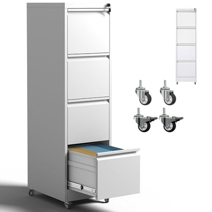 IKIMI 4 Drawer Mobile File Cabinet with Lock,White Metal Filing Cabinets - color: White, size: 4 Drawers with Wheels