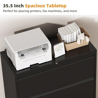3 Drawer Metal Lateral File Cabinet with Lock for Home Office | 35.5 Inch Ultra Spacious Tabletop,330LBS Max Weight Capacity,Fits Letter/Legal/F4/A4 Size,Fast Easy Assemble,Black - color: Black, size: 15.7"D x 35.4"W x 40"H（3 Drawers）