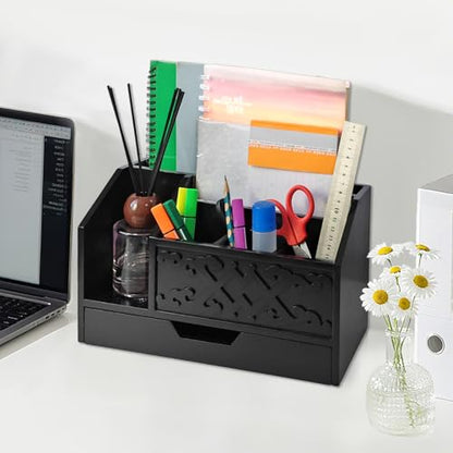Black Wooden Mail Organizer with Drawer, Three Tiered Desk Accessories for Office Organization and Storage, Stylish Countertop Document Storage, Home/Office/Classroom Supplies (Black03) - style: Black03