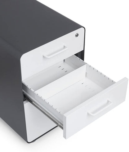 Poppin Stow 3-Drawer Rolling File Cabinet - Charcoal & White. Utility and Hanging File Drawers. Locking and Non-Locking Wheels. Powder-Coated Steel. Two Keys Included - color: Charcoal + White