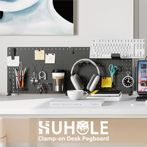 HUHOLE 32 x 12 Inch Clamp On Desk Pegboard Complete Kit | No Drill Metal Privacy Panel and Organizer with Accessories for Home Office, Gaming Setup, Cables and Supplies