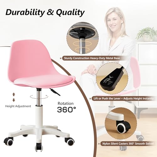 Small Desk Chair Cute, Swivel Armless Task Chair with Soft Padded Cushion, Height Adjustable Home Office Desk Chair with Back for Adult, Study Room, Office - color: Pink, size: M-Set of 2