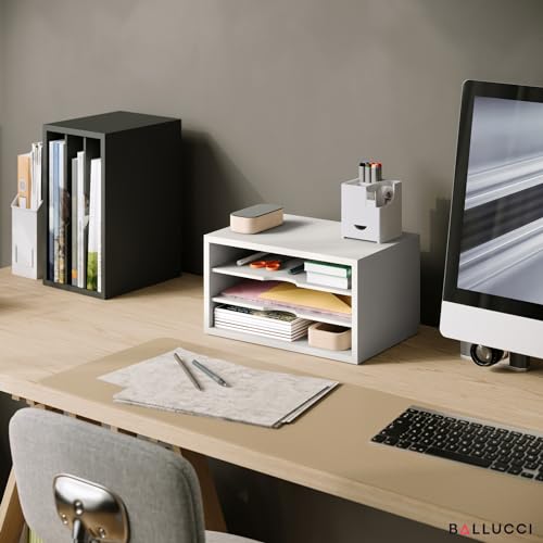 Ballucci File Organizer, 3-Tier Document Paper Sorter, Stackable Wood Desk Organizer, Mail Sorter and Monitor Stand with Storage Shelves, White - color: White, size: 3 Tier
