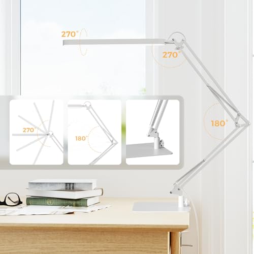SKYLEO LED Desk Lamp with Slim Base - Adjustable Swing Arm Desk Light, Dimmable, Timer, Eye Protection, Memory Function, 1300LM, 12W, White - style: White swing arm with Base