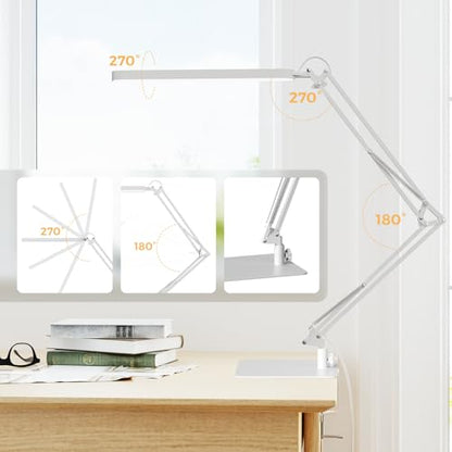 SKYLEO LED Desk Lamp with Slim Base - Adjustable Swing Arm Desk Light, Dimmable, Timer, Eye Protection, Memory Function, 1300LM, 12W, White - style: White swing arm with Base