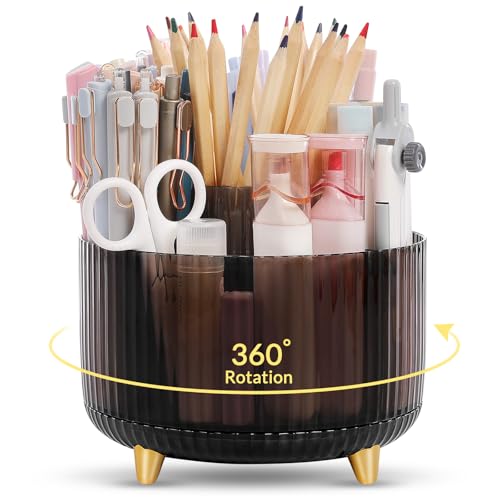SKYDUE Rotating Pencil Pen Holder, Pen Organizer with 5 Slots - Aesthetic Desk Organizer and Accessories for School, Home, Office Supplies, Clear Black - color: Clear Black