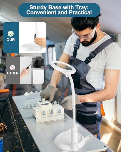 12X Magnifying Glass with Light and Stand, Real Glass, LED 5 Color Modes, Brightness Stepless Dimming Lighted Magnifier Hands Free, Flexible Gooseneck Desk Lamp with Clamp for Close Work, Craft, White - color: White