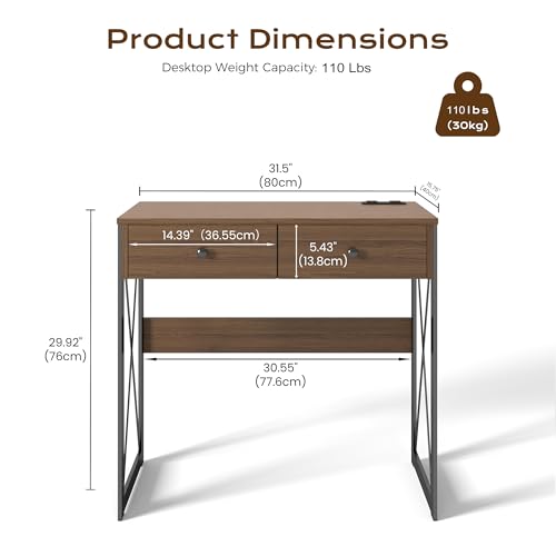 Manora Rustic Brown Computer Desk with Power Outlets & USB Ports, 31.5 Inch Small Writing Desk with 2 Drawers, Industrial Home Office Desk with Metal Frame for Bedroom, Apartment & Small Spaces - color: Rustic Brown