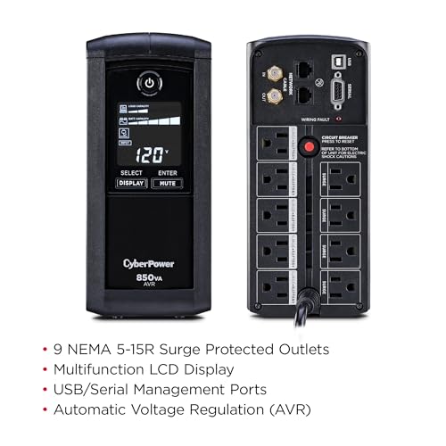 CyberPower CP850AVRLCD Intelligent LCD UPS Battery Backup | Surge Protector, 850VA/510W, 9 Outlets, AVR, Mini-Tower - size: 850VA