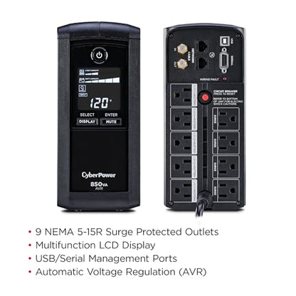 CyberPower CP850AVRLCD Intelligent LCD UPS Battery Backup | Surge Protector, 850VA/510W, 9 Outlets, AVR, Mini-Tower - size: 850VA
